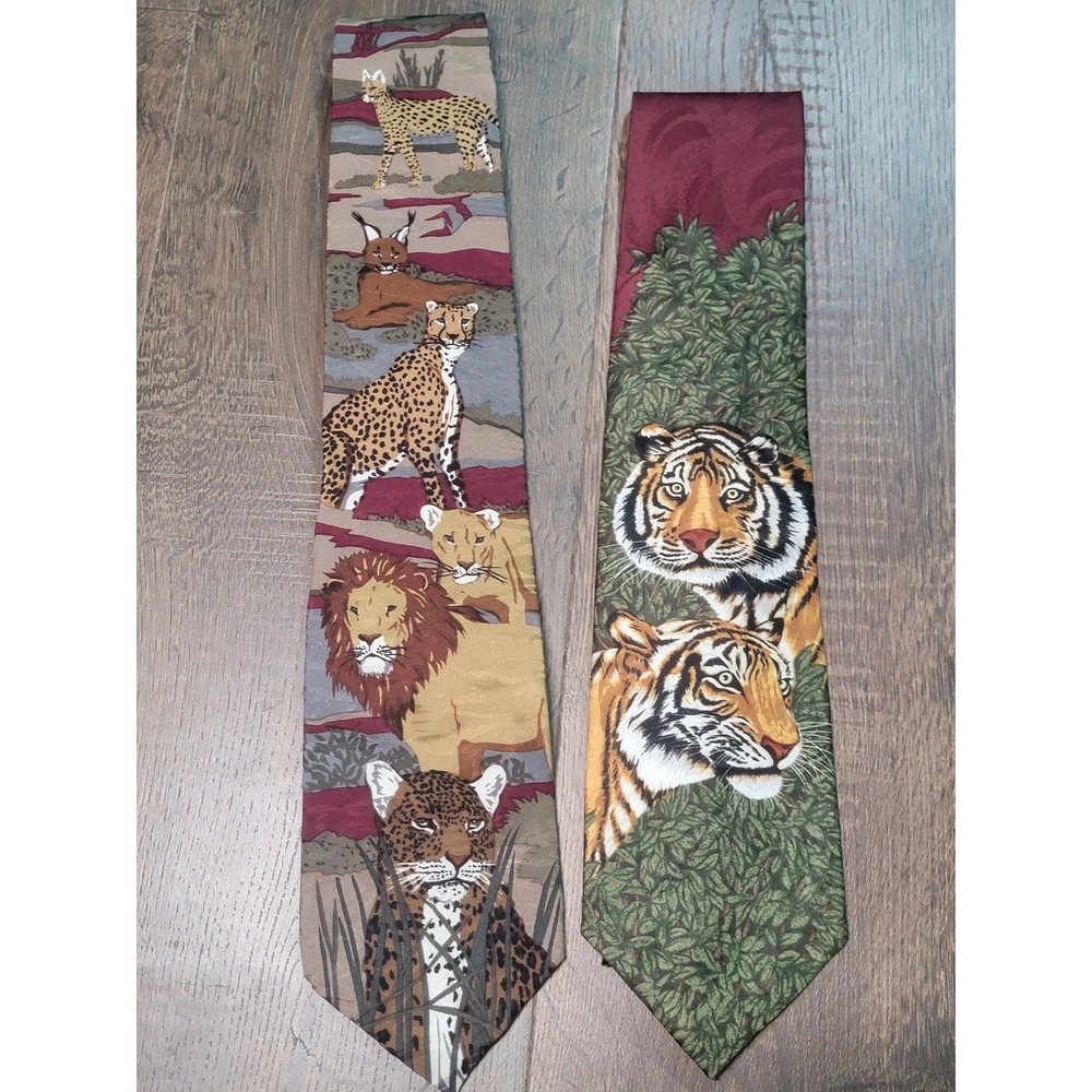 WWF Animal Tracks Lot of 2 Silk Ties African Wilderness Tiger Hidden Hunters